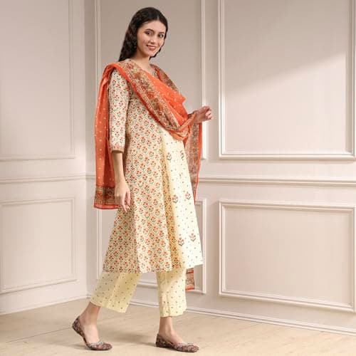 Biba Women Beige Cotton A-Line Printed Kurta Set_34 4
