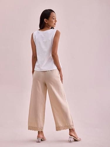 Go Colors Linen Lace Palazzo for Women | Relaxed Fit, Mid Rise, Pockets, Light Beige_8905344208865_Beige_XL 5