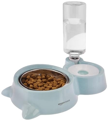 amazon basics 2 In1 Pet Feeder Food and Water Dispenser|Stainless Steel Bowl|Suitable for Cats and Dogs,32 cm,H_22 cm,W_16.5 cm with Amazon Basics Cat Litter Box Tray with Free Scooper|Green 2
