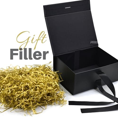 RBS®-Black Gift Box with Golden Filler 23x16x10cm Empty Hamper Box for Gifting Holds Upto 5kg Sturdy Cardboard Gift Boxes with 25g Decorative Shredded Paper Birthday, Diwali, Valentine’s Day Packing 3