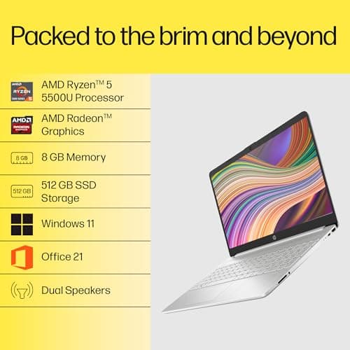 HP 15s, AMD Ryzen 5 5500U (8GB DDR4, 512GB SSD) FHD, Anti-Glare, 15.6''/39.6 cm, Win 11, Office 21, Silver, 1.69 kg, eq2144AU/eq2304AU, AMD Radeon Graphics, HD Camera, Dual Speakers Laptop 2