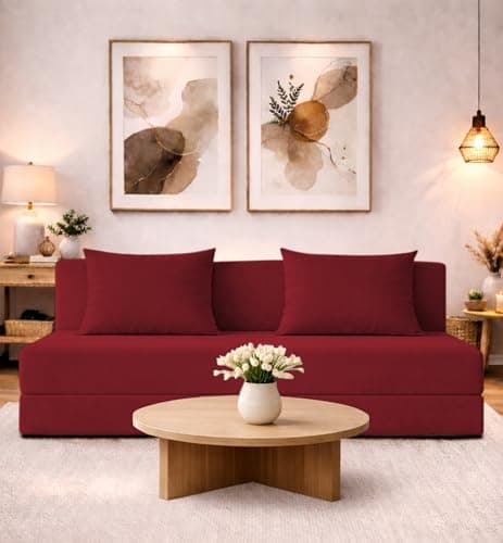 Adorn India Easy 4 Seater Sofa Cum Bed | Velvet Fabric | Red | Plain Design | 6x6 Ft | Comfortable Seating | Washable Cover | Perfect for Home & Office
