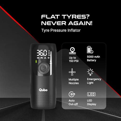 Qubo Smart Tyre Inflator PRO from Hero Group | Turbo Motor with Super Fast Inflation |150 PSI |Car 12V Port Input |Digital Display |5 Air Fill Modes |LED Light |Multiple Nozzles |Auto Cut-Off | Black 2