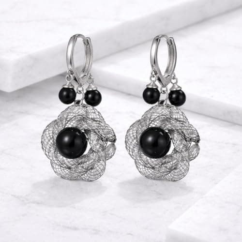 MIAMI Korean Style Black Bead Mesh Drop Earrings set for Women & Girls | Designer Statement hoops Bali | Stylish Ear Rings Jewellery for woman Accessory | Valentine Gift for Girlfriend couple -253 4
