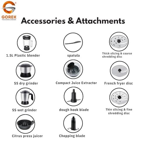 Gorek Technologies 1300W Food Processor with Copper Motor | 13-in-1 Multifunction Mixer Grinder | Premium Design & Finish Stainless Steel Jars, Dough Kneader, Citrus Juicer & Slicing Blades | GT-FP101 2