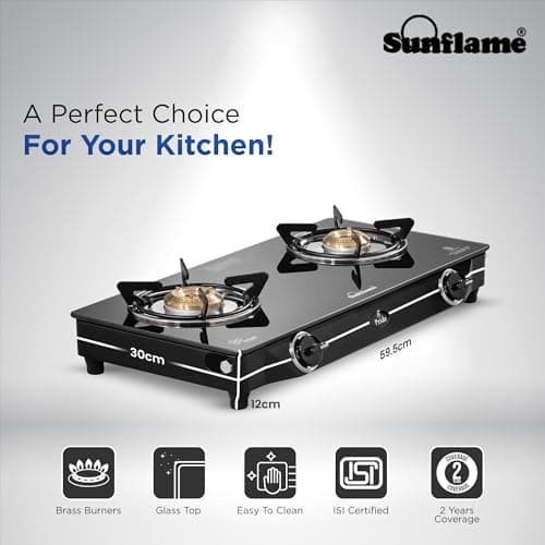 Sunflame Pride 2 Burner Gas Stove 60 cm Wide | 1 Medium and 1 Small Brass Burners | 2-Years Product Coverage by Sunflame | Ergonomic Knobs | Easy to Maintain | Toughened Glass Top | Black 2