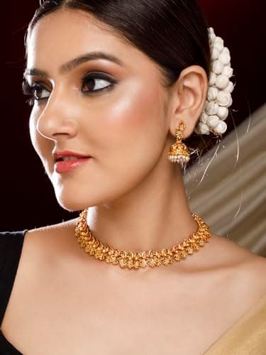 Rubans 22k Gold-Plated Red & Green Stone Studded Handcrafted Traditional Temple Jewellery Set For Women 2