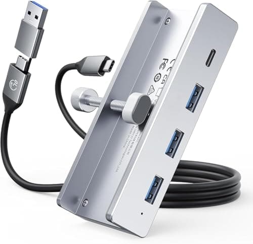 USB Hub 3.0, Clamp USB Hub with Extra Power Supply Port, Aluminum 4-Port USB Adapter with 3 USB-A Data Ports, USB-C Port for Monitors, Desks Desktops, Keyboards, Laptops, Smartphones, (MHPC 5IN 1)