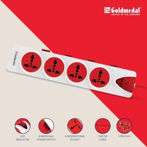 Goldmedal Plugged-in 4x4 Extension Board with Surge Protector | 4 Universal Sockets | 2-Meter Heavy Duty Extension Cord | Individual Switches with LED Indicators | Power Strip for Home & Office 2