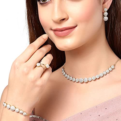 ZENEME Fashion Cubic Zirconia Gold Plated Choker Necklace Set Ring Bracelet With Earring Jewellery For Women Pack Of 4 4