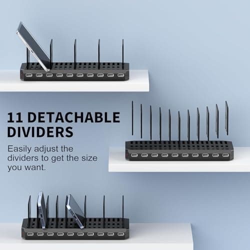Multi Charging Station, 10-Port USB Charger for Multiple Device with SmartIC Tech and Adjustable Dividers, Organizer Stand Compatible with iPad, Tablet, Kindle, iPhone Speakers (10Port USB) 5