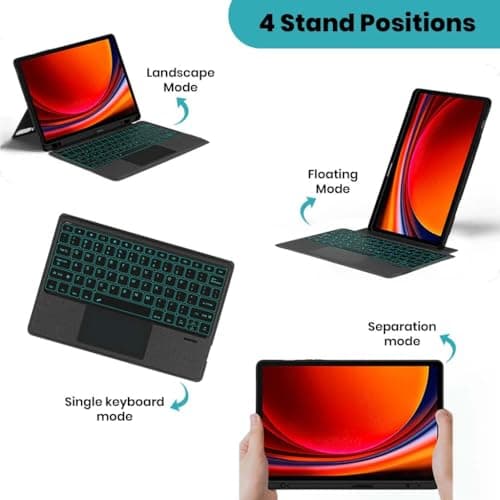 TECPHILE Keyboard Case for Samsung Galaxy Tab S9 Fe Plus/ S9 + 12.4” Folio Cover with Large Trackpad, 7 Color Backlit, S Pen Holder, Magnetically Detachable Wireless Keyboard, Tri-Fold Design 3