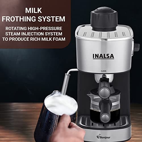 INALSA Espresso/Cappuccino 4Cup Coffee Maker 800W- Bonjour (3in1- Espresso,Cappuccino & Latte)|Frothing Function,4Bar Pressure|Multipurpose Control Knob,Removable Drip Tray & Borosilicate Glass Carafe 4