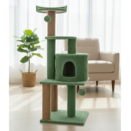 Purrway Soft Fur Activity Scratching Post/Cat Tree for Kittens & Cats - Natural Sisal Rope Triple Platform Tower (Height 43 Inch) (FURR - 3FLORR - Green) 3