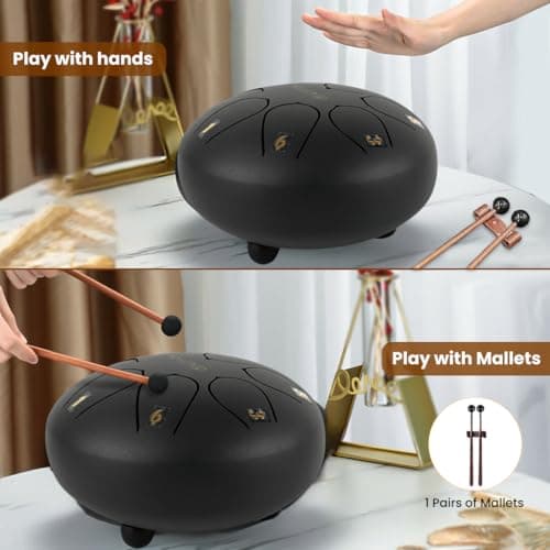 HASTHIP® Steel Tongue Drum 8 Note, 6 inch Percussion Instrument Handpan Drum with Bag, Music Book and Mallets for Kids and Adults Meditation Musical Education Concert Mind Healing Yoga (Black) 5