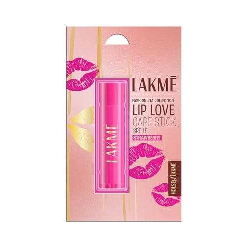 Lakme Lip Love Care Stick Strawberry, with 10% Vitamin E Complex, nourished with Shea & Cocoa Butter and enriched with Almond & Jojoba Oil for 24hr moisturization in just 1 swipe, with SPF 15, 4.5g
