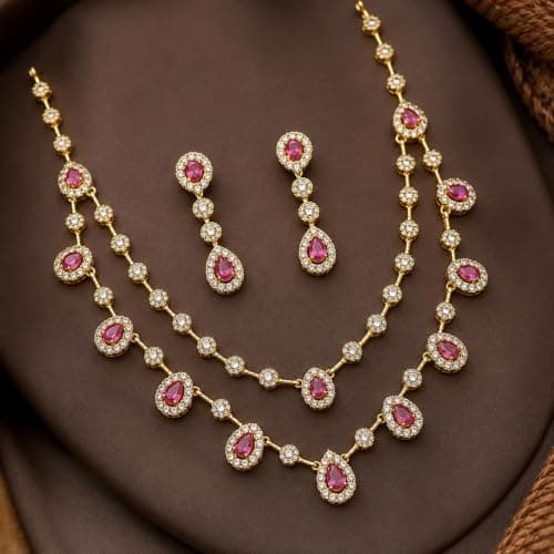 Dvina Glow Gold Plated American Diamond Necklace Set for Women | Ruby Pink Teardrop Stone CZ Necklace with Earrings | Bridal Jewellery Set for Wedding, Festive, Engagement, Traditional Indian Jewelry 2