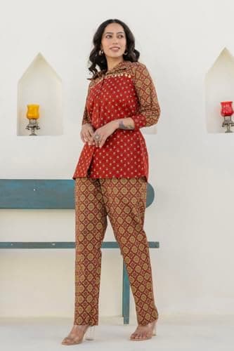 KOHSH Rust Embellished Shirt with Contrast Pants Co-ord Set (S_Rust) 2