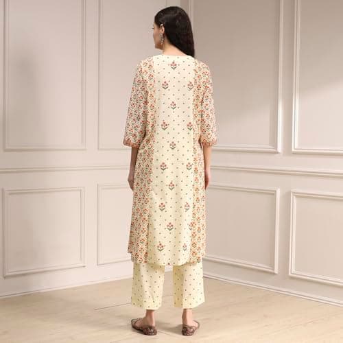 Biba Women Beige Cotton A-Line Printed Kurta Set_34 5
