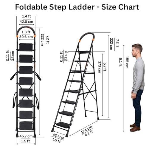 Parasnath 8 Step GoUp Steel Ladder Black Colour Foldable Step Ladder - Light Weight Step Ladder Anti Skid Plastic Steps - 6 Year Manufacturer Warranty - Made in India 5