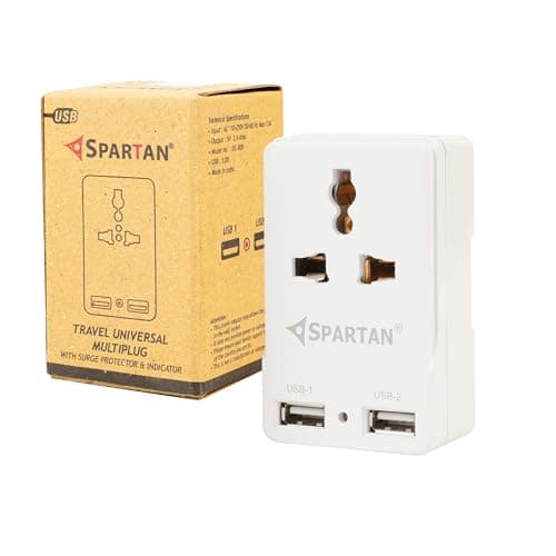 Spartan 3 Pin All Multiplug Charger/Travel Adapter, 10A Power Sockets / 2Pin & 3Pin Socket Adapter with Dual USB Charging Port (White, Pack of 1) 2