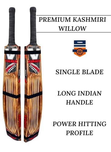 Vinox Sports Premium Kashmiri Willow Cricket Bat, Single Blade, Long Indian Handle, Natural Wood with Red and Black Graphics, Power Hitting Profile 3