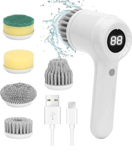 RXCINOZ 5 in 1 Electric Spin Scrubber Handheld Power with LED Display, 2-Speed Rechargeable Cleaning Brush, 1200mAh Battery & 5 Interchangeable Heads for Bathroom, Kitchen & Tile (5 in 1 Scrubber)