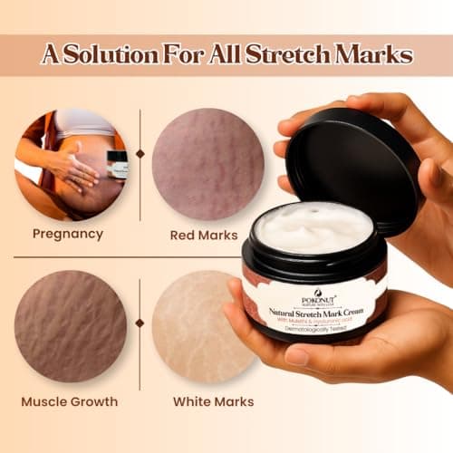 POKONUT Stretch Mark Repair Combo, Cream & Roll-On Serum, with Hyaluronic Acid, Rosehip Oil, Vitamin E, Day & Night Routine, 100g 4