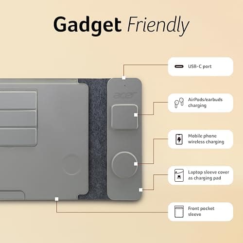 Acer ChargeMate 4-in-1 Wireless Charging Laptop Sleeve for 13" - 16" Laptops | Qi Fast Charging Pad for Phone & Earbuds | Mousepad | Height Adjustable Flap | Magnetic Closure | Waterproof (Grey) 5