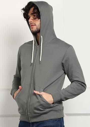 Alan Jones Clothing Men's Solid Hooded Sweatshirt | Zip-Up Hoodie Jacket with Kangaroo Pocket, Drawstring Hood & Ribbed Hem | Casual Winterwear (Dark Sage_L) 5