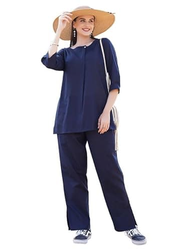 TITTLI Women Cotton Flex Plain Kurta and Pant Dark Rani Color Co-Ord Set (Navy Blue, XXL)