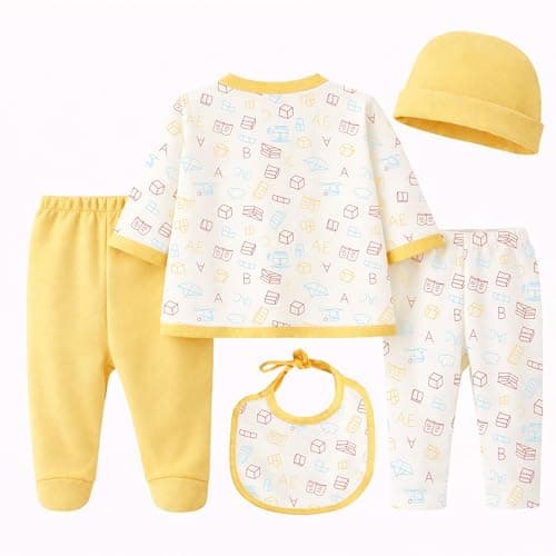 Kidbee Baby Clothing Gift Set for Boys & Girls, 5 Piece Newborn Clothing Combo with Front Open Top, Pajama, Printed Pant, Cap & Bib, Soft Cotton, 0–6 Months Baby (Yellow-CMB-501) 3