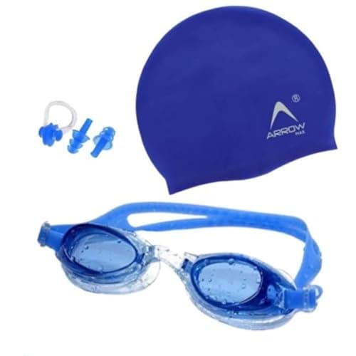 ArrowMax 100% Silicone anti fog swimming goggles,cap,earplug & noseplug set- Ideal for all age group | silicone non slip | easy to carry and skin friendly(BLUE)