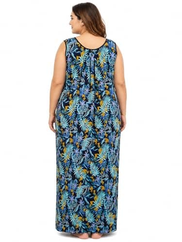 Manvicare Plus Size Sleeveless Nightie for Women, Rayon, Tropical Leaf Print, Maxi Length (8XL) Black 2