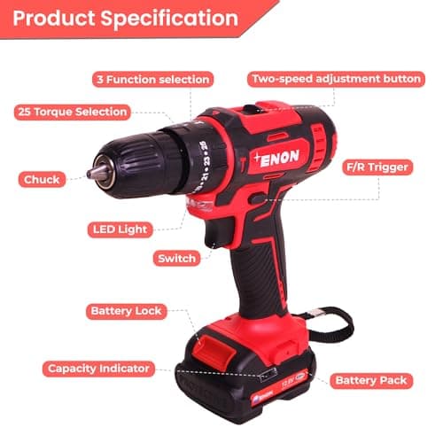 Enon 12.6V Cordless Impact Drill for Home Use, 82 Pcs Drill Kit, 2x1.5Ah Batteries,1500RPM, 22NM Torque, 25 Level Torque, Keyless Chuck 10mm, 2 Speed Modes 3 Functions, Magnetic Base (XE-CD1610) 5