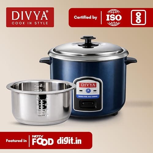 DIVYA Stainless Steel 1.8 L Electric Rice Cooker for Home | Indigo Steel Body | 700 W Efficient Heating | Cook & Keep Warm Function | Detachable Power Cord | Family Size Rice Cooker 5