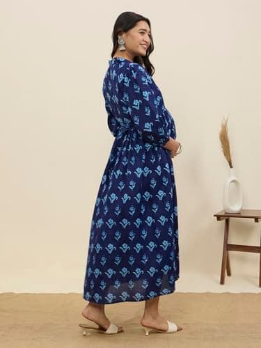 MomToBe Cotton Maternity Feeding Kurti Dress for Women | Pregnancy Dress with Concealed Zippers for Nursing | Comfortable Calf-Length Outfit for Office (Navy Blue, Medium) 4