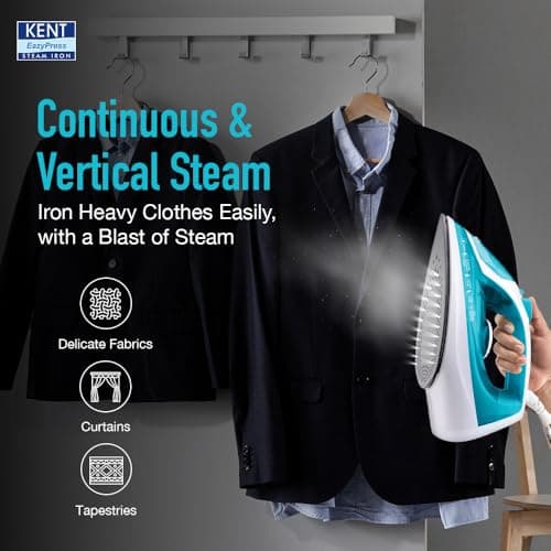 KENT Glide Steam Iron | 1250W | Powerful Steam Burst upto 20G/Min | Non-Stick Sole Plate | Vertical and Horizontal Steaming | Adjustable Temperature | 360° Swivel Cord | Turquoise Blue 4