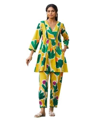 Amazon Brand - Anarva Women's Pure Cotton Floral Printed Co-Ord Set |Top and Pant Set | Relaxed Fit | Bright Yellow & Green Botanical Design (summerbloom-2xl)