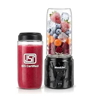BlendLife GO Portable Blender Juicer Mixer, 420ml, Proudly Made in Bharat, 32 Blades, 7.4V & USB-C Rechargeable 2000mAh Battery, BIS Certified, Includes FREE Extra Jar, BPA-Free (Camo Black)