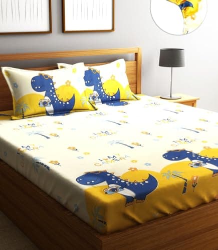 Home Sizzler 210TC Microfibre Playful Dinosaur Elastic Fitted Double Bedsheet (72X78 Inch) with 2 King Size Pillow Covers