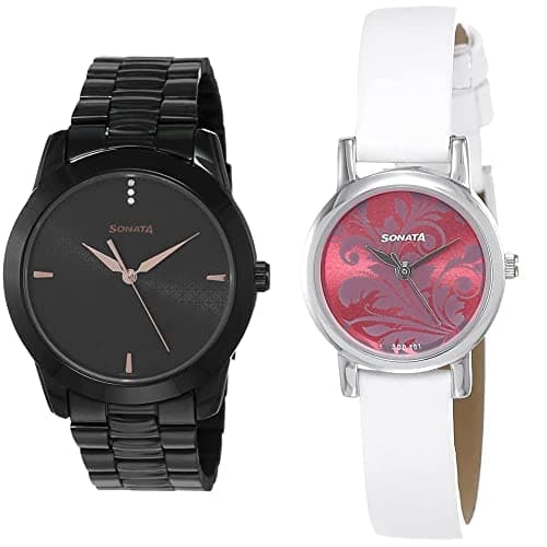 Sonata Men Leather Analog Couple's Watch (Nk7924Nm01+Nk8976Sl03W) | Rakshabandhan Gifts, Band Color-Black,Dial Color-Assorted