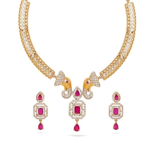Rubans Premium 22K Gold Plated Traditional Elephant Design Necklace Set with Pink Stones and CZ Studded for Women and Girls, Perfect for any Festive & Wedding Occasions