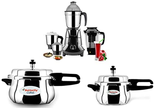 Butterfly Jet Elite Mixer Grinder, 750W, 4 Jars (Grey) & Curve Pressure Cooker, 3 Litre & Curve Pressure Cooker, 5.5 Litre