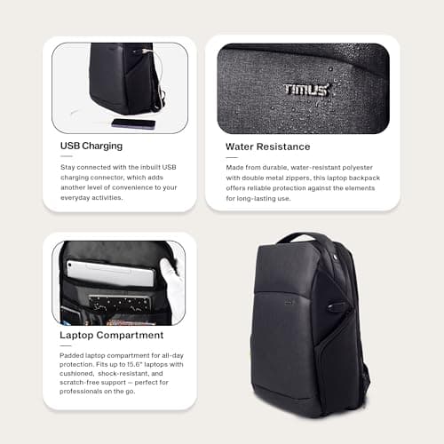 Timus Madrid Black Professional Laptop Bag for Men & Women 24 L with 15.6 Inch Laptop Compartment | Water resistant with USB Port Anti-Theft Backpack | Premium Polyester Fabric 4