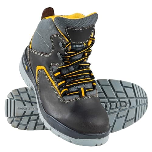 Mallcom Ontilla Black Safety Shoes for Men, Brown Nubuck Suede Leather, High Ankle Safety Boot With Steel Toe, Injected Double Density PU Sole, Light Weight, Comfort and Slip Resistance, 6UK