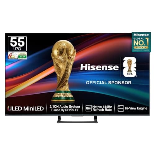 Hisense 139 cm (55 Inches) 4K QLED Mini LED Smart TV | 900 NITS Peak Brightness | 144Hz Game Mode | Dolby Vision IQ & Dolby Atmos | 2.1 CH 40W Speakers (Built-in Subwoofer) | VIDAA OS | 55U7Q (Black)