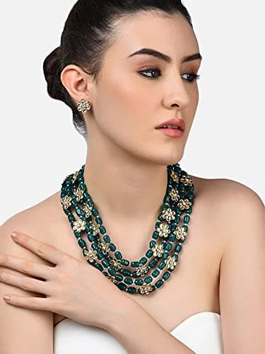 ZAVERI PEARLS Green Beads & Floral Kundan Necklace Set For Women-ZPFK9098 2