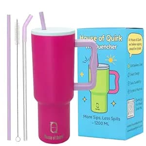House of Quirk 1200ML Stainless Steel Tumbler with Handle & Lid, 2 Straws – Large Travel Mug Water Cup for Gym, Office & Outdoor Use (Multicolor: Flamingo)