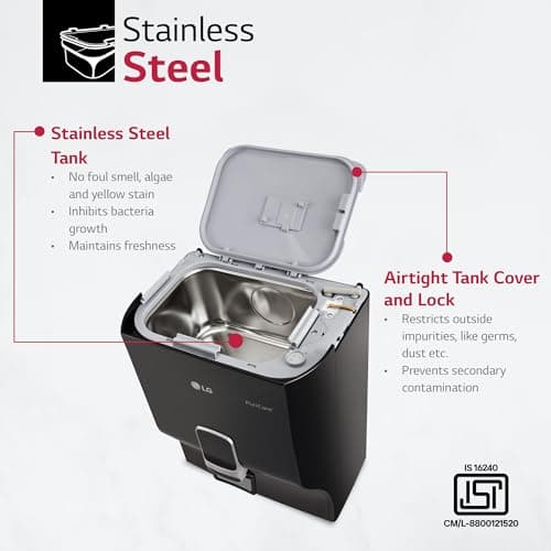 LG RO Water Purifier | 8L Storage Airtight Stainless Steel Tank | Multi Stage Filtration | Wall Mount | Suitable for all Water Sources, WW132NF, Black 6